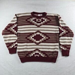 Emerald Club Mens XL Southwestern Geometric Knit Sweater Burgundy Cotton Ramie